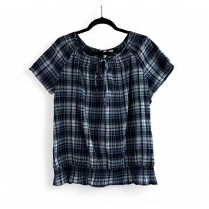 St. John's Bay Blue White Plaid Smocked Short Sleeve Top Cottage Fall Women's XL